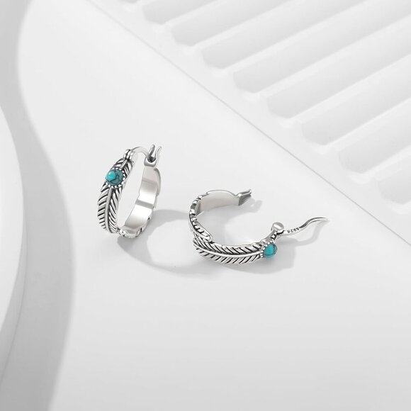 Native American Silver Earrings -Feathers (65bc140  Sterling Silver Feather Hoop Earrings with Turquoise for Women, Native American